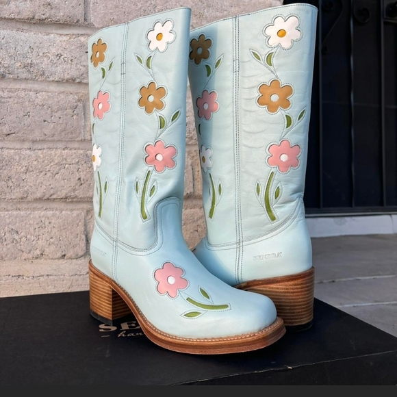 Anthropologie Light Blue Leather Floral Mid-Calf Heeled Boots - Picture 2 of 9